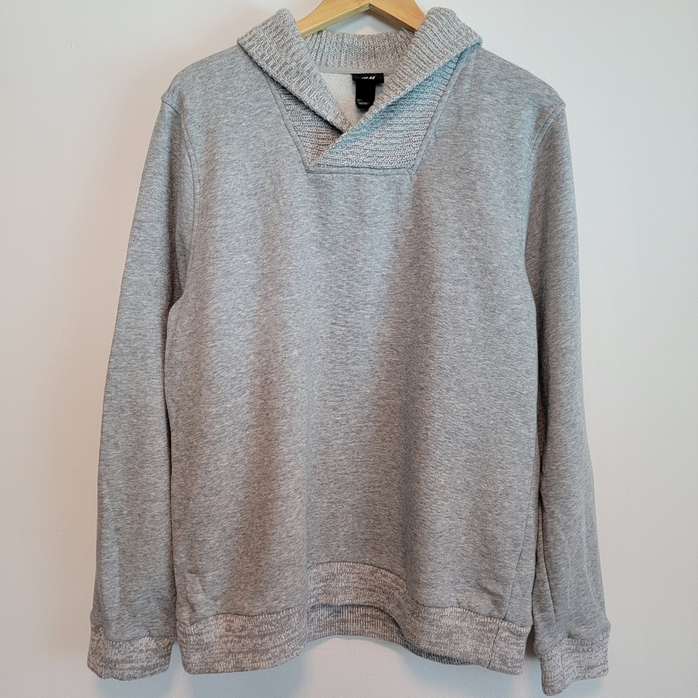 H&M Sz L Shawl Collar Sweatshirt Fleece Sweater Knitted Preppy Academia EUC